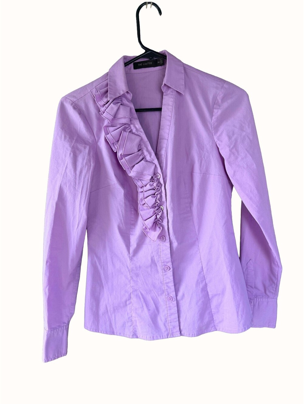 The Limited XS Lavender Ruffle Front Button Down Shirt Fitted Stretch Blouse